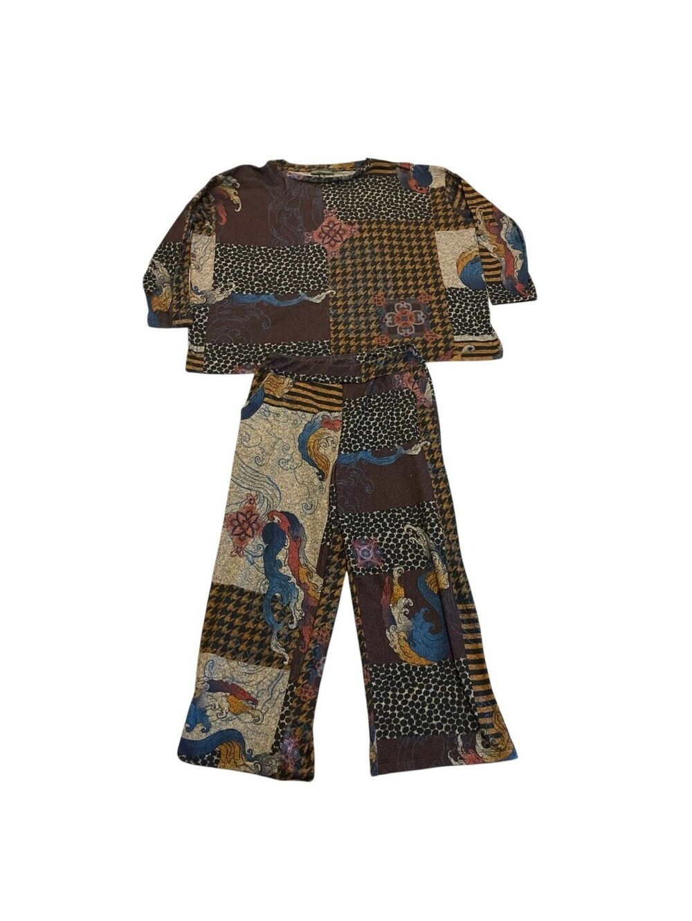 Patchwork Print Two-Piece Set in Brown and Blue